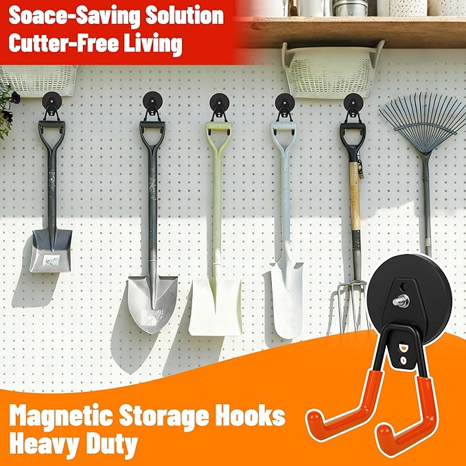 4 Pack Heavy Duty Magnetic Garage Hooks,No Drill Installation and Rubber Coating for Scratch-Free Use,Space Saving Large Utility Hooks for Kitchen,Tools,Pegboard,Workshop (Red 2pcs+Black 2pcs)