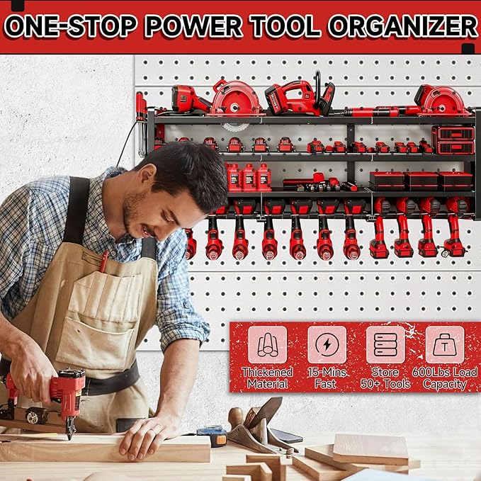 50" W Large Power Tool Organizer Wall Mount, Load 600lbs, 4 Layer Heavy Duty 12 Cordless Drills Holder, Battery Tool Storage Rack for Workbench, Workbench,Garage,Shed
