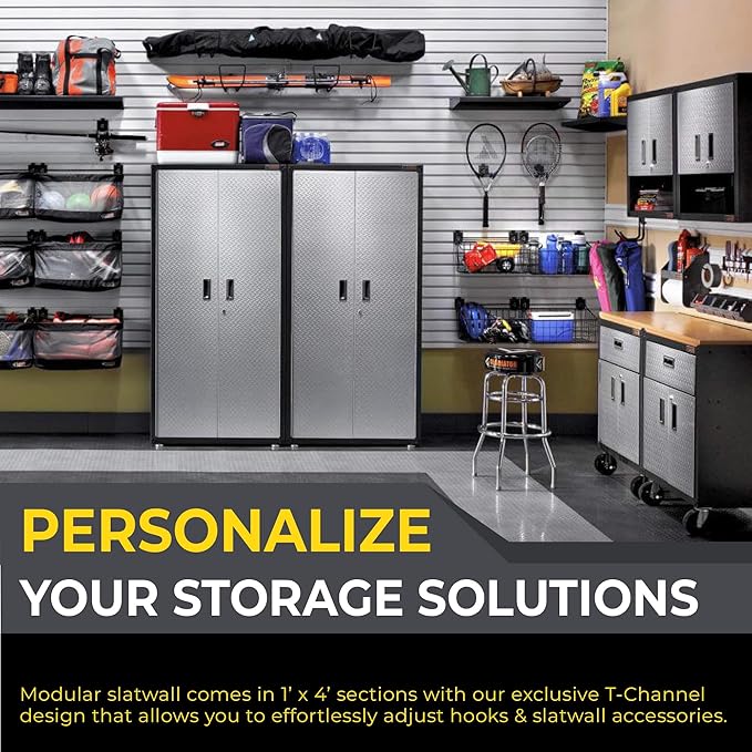 Heavy Duty 2x4 PVC Garage Slatwall Storage System (with Endcaps & Screws) - Modular Slat Wall Paneling for Garage Wall Organizer - Interlocking Slatwall Panels for Home & Commercial Use (Grey)