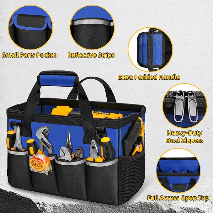 NECKORY Tool Bag, Portable Tool Box Organizer Adjustable Shoulder Strap, Carry Tool Tote Heavy Duty Tool Storage Bag With Wide Mouth,Tool Bags for Men Mechanic EngineerGift - L, Blue & Black