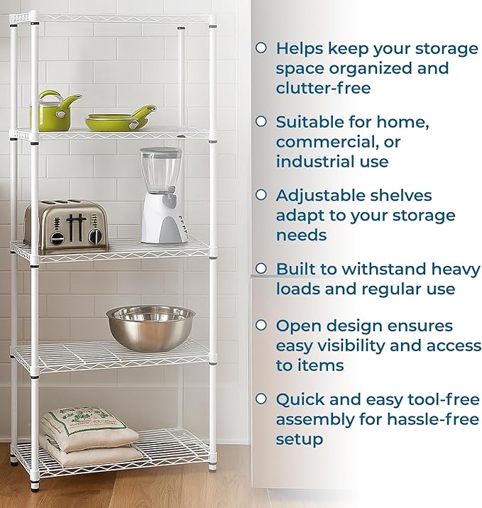 Honey-Can-Do 5-Tier Heavy-Duty Adjustable Shelves, Metal Storage Rack with 200-lb Shelf Capacity, White, 14" W x 36" L x 72" H
