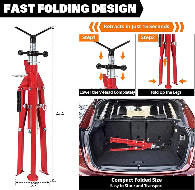 Heavy-Duty Pipe Jack Stand V-Head Bracket Load Capacity 2500 LBS Suitable for 1/8“ to 12” Pipes 24“ to 42” Adjustable Height Folding Legs for Welding Threading Hole Cutting