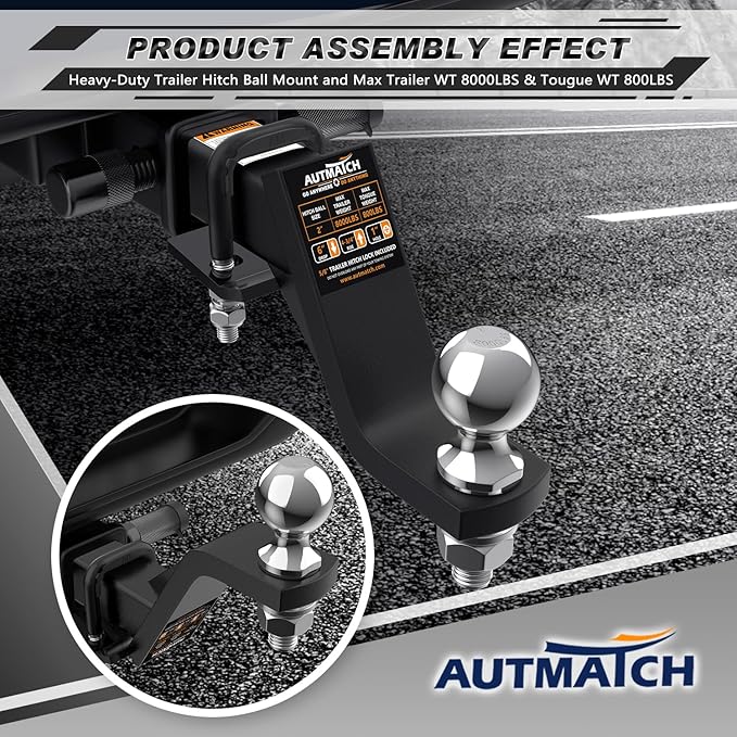 AUTMATCH Trailer Hitch Ball Mount with 2 Inch Hitch Ball - Fits 2" Receiver with Hitch Tightener, 8000Lbs Capacity Ball Hitch, 6-Inch Drop with 5/8" Hitch Lock Pin, Black