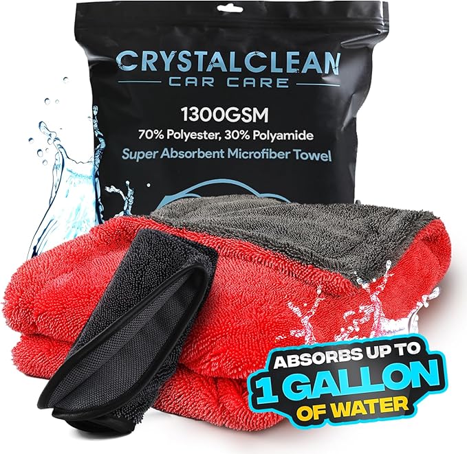 Crystal Clean 1300GSM Microfiber Towels for Cars – XL Drying Towel with Double Twisted Loop, Professional Detailing Towel Car Detailers - Quick Dry, Paint Safe & Swirl-Free (Grey+Red)
