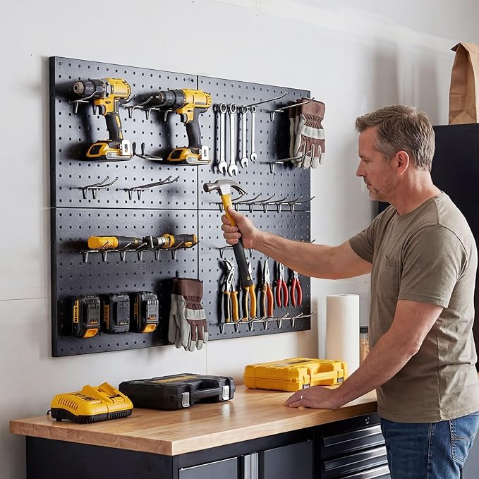 4 Pack Metal Pegboard Panels with 50 Hooks, Black Pegboard Wall Organizer, Pegboard Accessories, Heavy Duty Garage Tool Storage System for Workbench, Workshop, Office, Craft Room