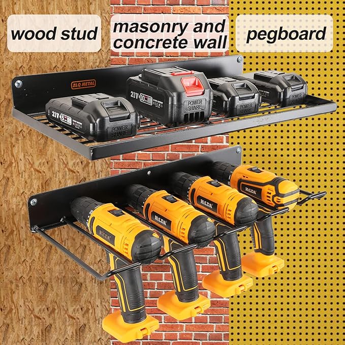 UU-Major Power Tool Organizer with Charging Station,Drill Holder Wall Mount,Garage Storage Shelves for Organization and Storage,Heavy Duty Pegboard Wall Organizer Set Solid Metal Black