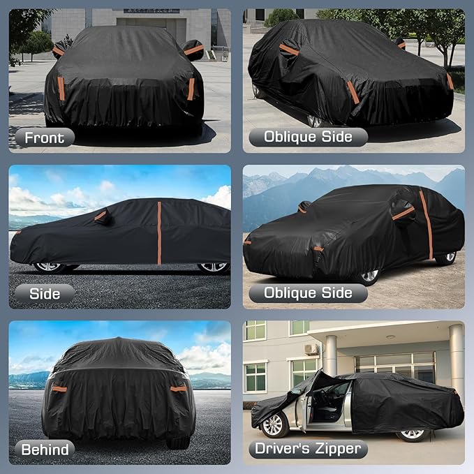 Waterproof Car Cover for 2011-2025 VW Jetta, All Weather Sedan Outdoor Sun UV Rain Dust Snow Wind Protection Cover for Automobiles with Zipper Door & Windproof Bands (Black)