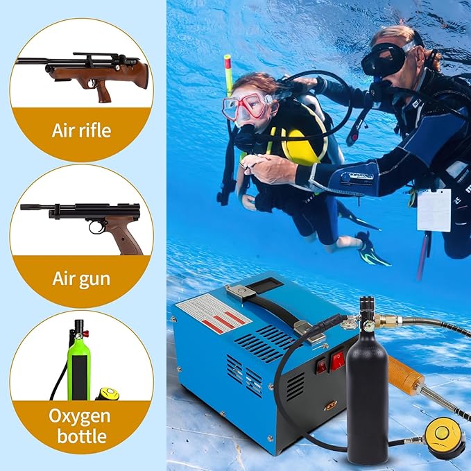 PCP Air Compressor 4500Psi/30Mpa Water/Oil Free PCP Air Pump Rifle,12V Automotive DC 110V AC PCP Airgun Compressor With Power Converter,Built-in Fan,Suitable for Paintball (Blue)