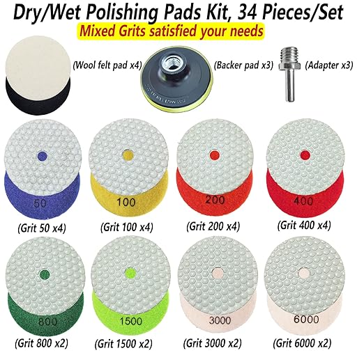 4 Inch Dry Diamond Polishing Pads Set - 1 Box of 34 Piece Dry/Wet Granite Sanding Pad for Bufffing Marble Quartz Concrete Stone Tiles Used for Grinder Polisher Drill