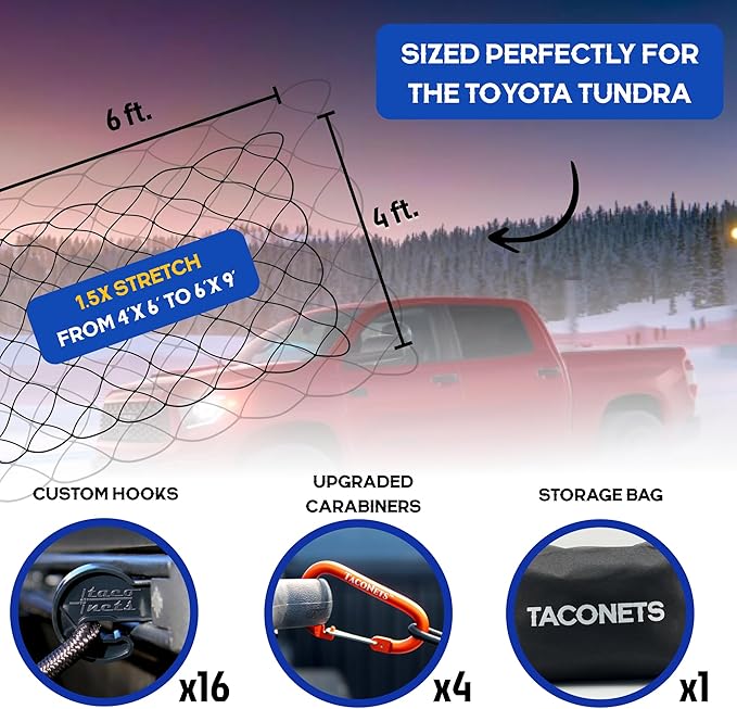 TacoNets Toyota Tundra Cargo Net - Patent Pending Deck Rail Integration - Fits 2007-2023 - 8mm Bungee - 4' x 6' Bungee Net - 6” Diamond Grid Pattern