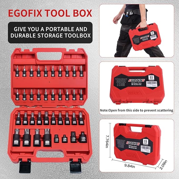38 Piece Torx Bit Set, Premium S2 Alloy Steel, Solid Star T6 ~ T70 & Tamper Proof T6 ~ T70, with Socket Adapters