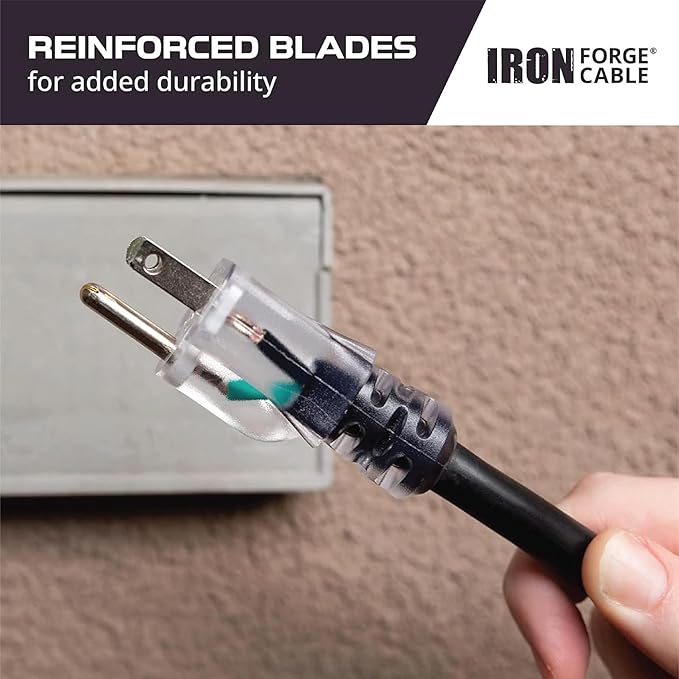 Iron Forge Cable 10 ft Lighted Outdoor Extension Cord - 10/3 SJTW Heavy Duty Black Extension Cable with 3 Prong 15 AMP Grounded Plug for Safety