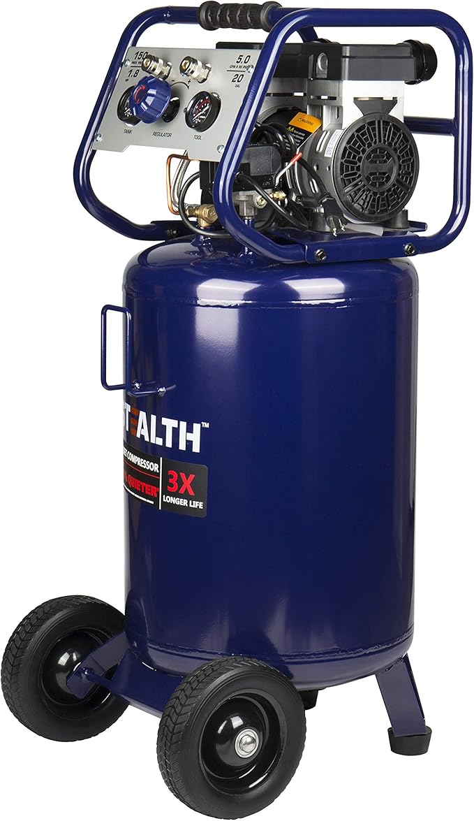 Stealth 20 Gallon Ultra Quiet Air Compressor,1.8 HP Oil-Free Peak 150 PSI 68 Decibel, 5.5 CFM @ 40 PSI 5 CFM @ 90 PSI Silent Long Life Electric Air Compressor W/Wheel for Garage