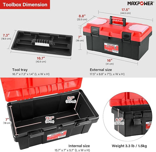 MAXPOWER 17 inch Tool Box, Small Plastic Toolbox with Handle, Removable Tray and Lockable Latches