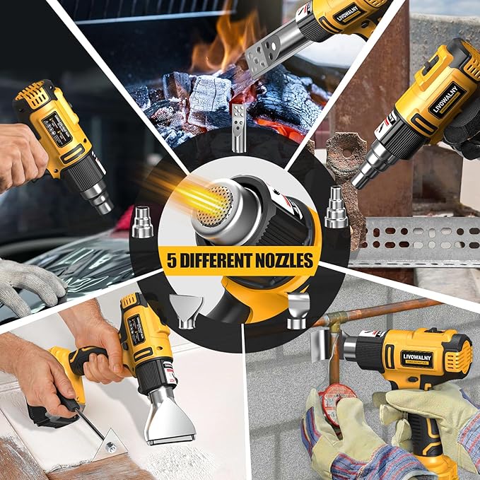 LIVOWALNY Cordless Heat Gun Compatible with Dewalt 20v Battery (No Battery), 350W Fast Heating Soldering Hot Air Gun 122℉-1022℉ Variable Temperature Control with 5 Nozzles for DIY Craft, Shrink Tubing