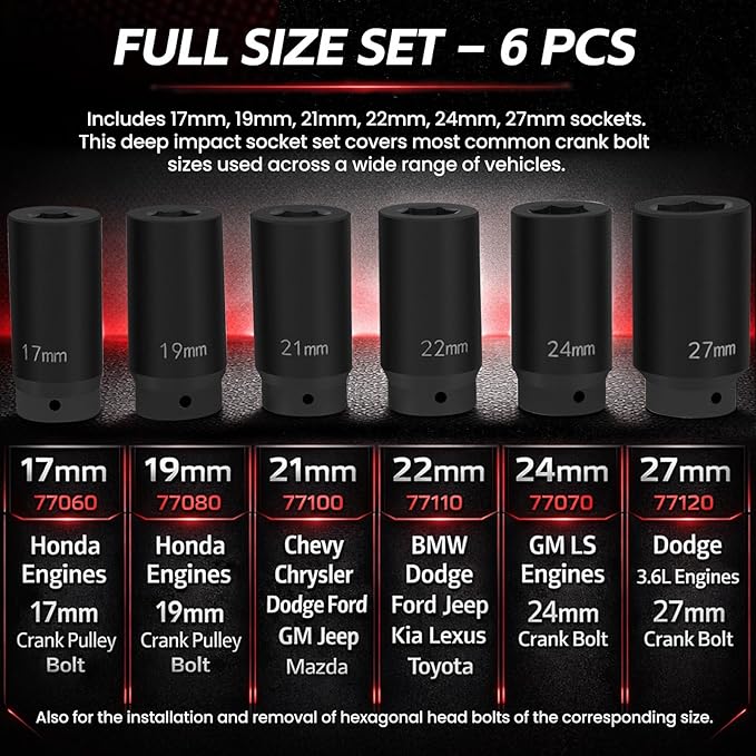 1/2" Drive Crank Bolt Socket Set, 17MM, 19MM, 21MM, 22MM, 24MM 27MM, Harmonic Balancer Socket Set, Deep Counter-Weighted Socket Set, 3 Times Momentum Power of Standard Impact Socket Set
