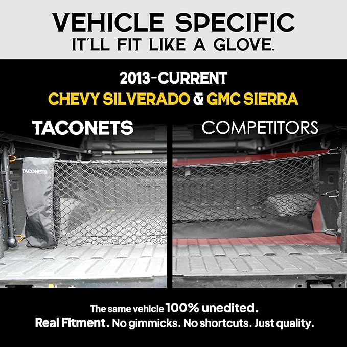 TacoNets Envelope Cargo Net for GMC Sierra & Chevy Silverado - Fits 2013-Current - Upgraded 5mm Bungee - Integrated Storage Bag - Heavy Duty Carabiners - Designed in USA