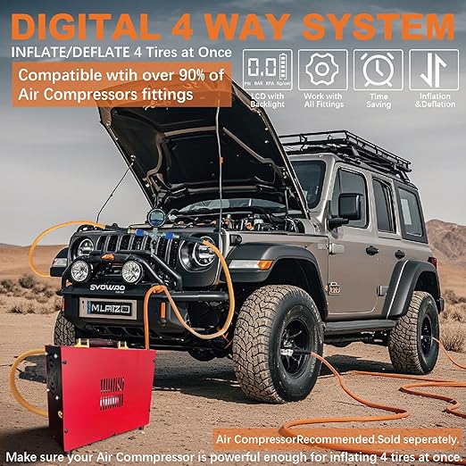Outran 4 Tire Inflation Deflation System Up to 200" Wheelbase,High Flow 4 Tire Inflator for Truck, Car, Trailers & Motorcycles with Digital Tire Pressure Gauge and Closed Flow Air Chuck
