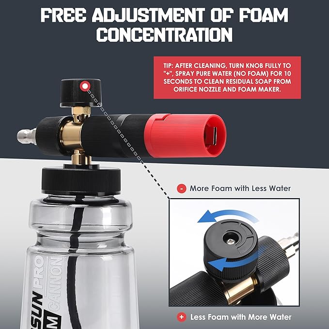 Foam Cannon for Pressure Washer with Wide Mouth, Adjustable Snow Foam Lance for Car Wash, 1/4" Quick Connect, 5 Nozzle Tips, Extra 1.1mm Orifice for Thick Foam
