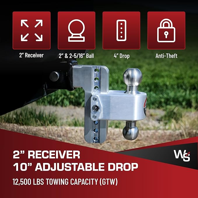Weigh Safe Adjustable Trailer Hitch Ball Mount, 4" Adjustable Drop Hitch for 2" Receiver w/ 2 pc Keyed Alike Lock Set, Heavy Duty Aluminum Trailer Tow Hitch w/Chrome Plated Tow Balls, 12,500 lbs GTW