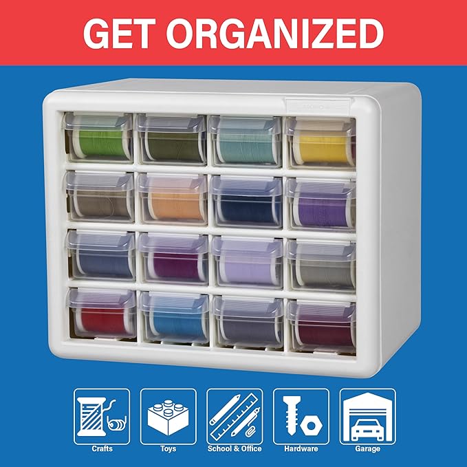Akro-Mils 16-Drawer Plastic Drawer Storage Cabinet for Garage Organization, Beads, Makeup Organizer, Building Bricks Storage, Teacher Toolbox, 10-1/2" W x 6-1/2" D x 8-1/2" H, 10116 White