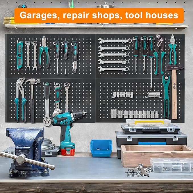 4 Pack Metal Pegboard Panels 24" x 12" Black Heavy Duty Steel Pegboard Wall Organizer, Garage Utility Tools Pegboard Storage System for Workbench, Shop, Shed Modular Peg Board Organizer Board Kit