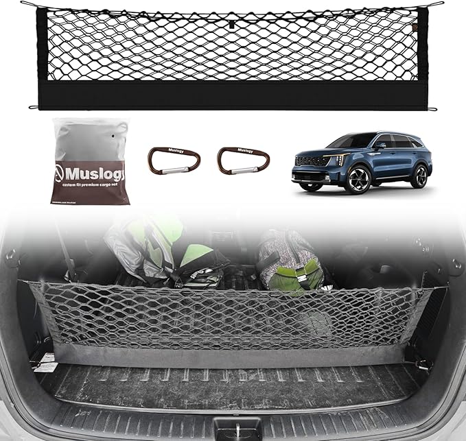 Muslogy Truck Bed Cargo Net Trunk Netting Compatible with 2021-2024 2025 2026 Kia Sorento Accessories, Pickup Cargo Organizer SUV Sedan Storage Net w/Heavy Duty Carabiners