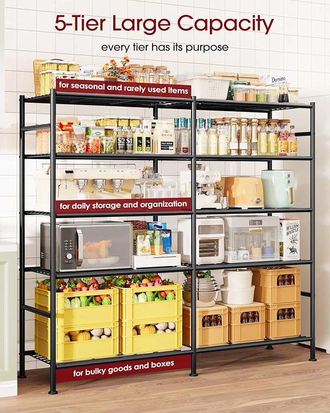Sakugi Storage Shelves - 5-Tier Heavy Duty Garage Shelving Units with Leveling Feet & Wall Anchor, Large-Capacity Metal Shelf for Garage, Pantry, Kitchen, 59.1" x 15.7" x 69.2", Black
