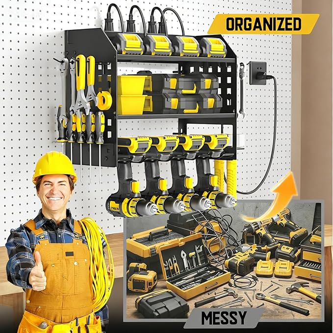 SPACECARE Power Tool Organizer with Charging Station 6 Outlets, 3-Layer Heavy Duty Wall Mount Drill Storage Rack, Cordless Tool with Utility Shelf, Garage Organization and Storage for Workshop- Black