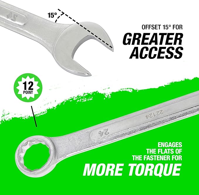 OEMTOOLS 22124 24mm Jumbo Combination Wrench, Chrome Plated, Raised Panel Design, Continuous Curve Open End, Reduces Stress and Damage