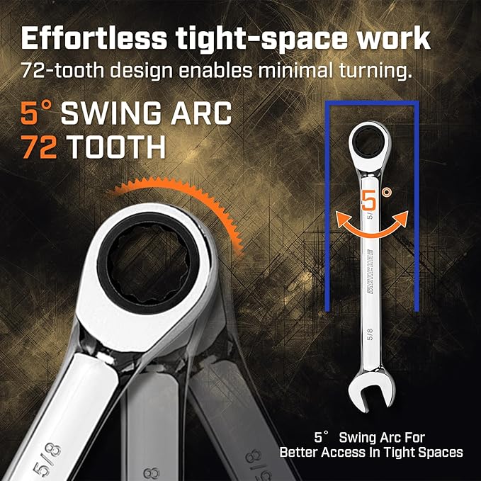 Ratcheting Wrench Set, 8-piece, SAE Wrench Set 5/16" to 3/4", 72-Teeth Gear CR-V Steel Mirror Polished, with Carrying Bag For Auto Repair