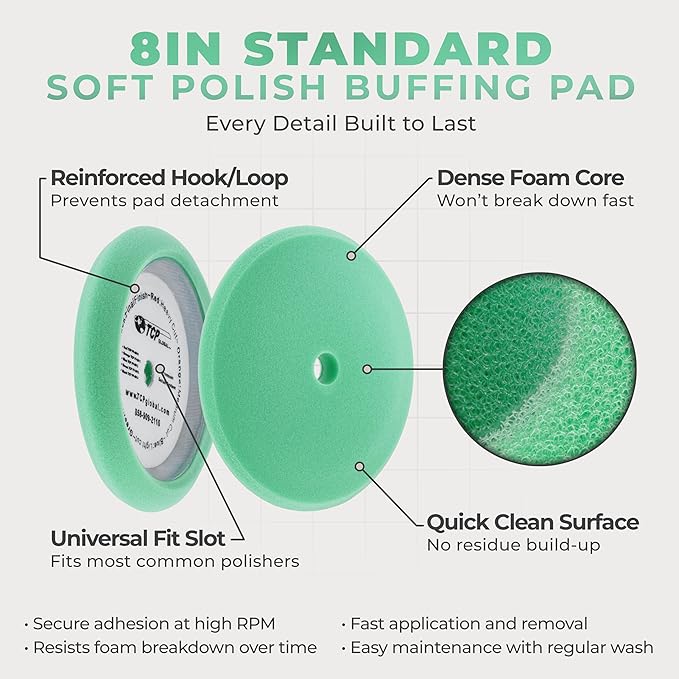 TCP Global 8" Green Foam Buffing Pad Final Cut Polish Hook and Loop Backing - Buffing Pad for Automotive, Marine, Truck, RV & Compound Cutting