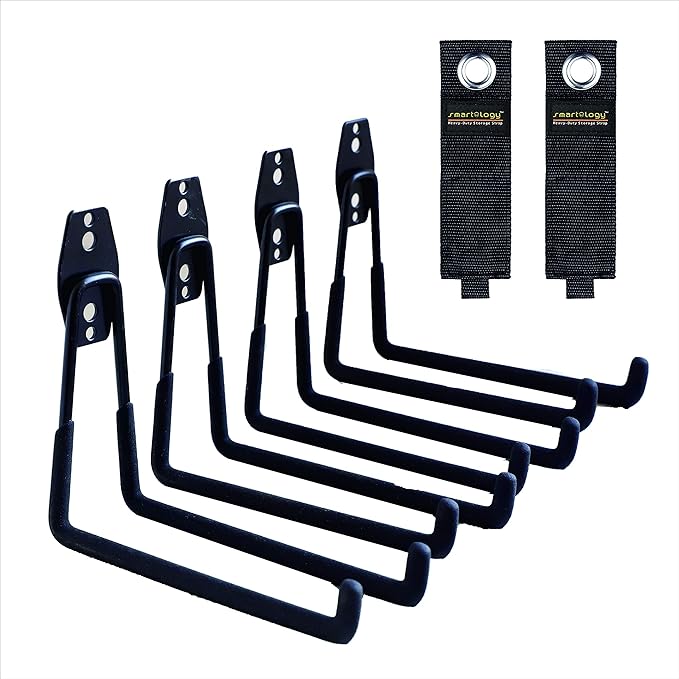 Garage Hooks, 4 Pack Wall Mount Storage Hanger with 2 Extension Cord Holder Organizer, Heavy-Duty 7.5 inch Long Hooks for Ladder, Ski, Sports, Utility, Garden Tool, Hose Storage Rack Organizer