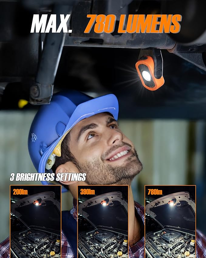 Magnetic Work Light – 780 Lumen Compact Pocket Light, Rechargeable 3000mAh, 360° Pivot, Durable & Portable for Mechanics & Jobsites (Orange, 2-Pack)
