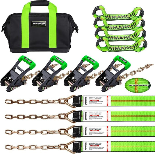 8 Point Roll Back Vehicle Tie Down Straps Kit, 2" x 16', Heavy Duty Car Hauling Straps for Trailers with Ratchet Handle, Chain Tail on Both Ends - Tow Truck Equipment