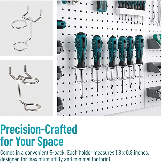 5Pcs Pegboard Screwdriver Holder Tool Organizers Double-Ring Peg Board Hang Tool Holders Hooks and Hangers for Screw Drivers Wrench Hammer Pliers Storage Accessories Wall Mount Tool Storage