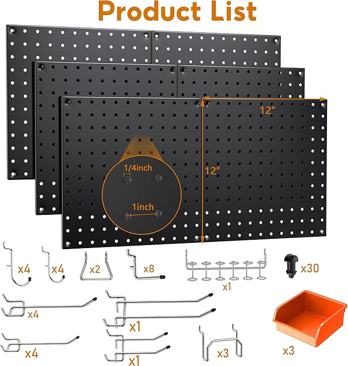 Peg Board, 70PCS Heavy Duty Metal Pegboard with Hooks, 6 Pack Black Peg Board Panels, 50lbs Load Capacity Each, Pegboard Wall Organizer for Garage, Workshop, Craft Rooms Total 24” x 36”