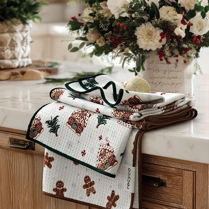 RECYCO Christmas Waffle Kitchen Towel Set of 2 - Quick Dry Microfiber Sustainable Dish Towels - Ultra Absorbent Reusable Cleaning Tea Towels - Lightweight Hand Towels,16”x 28”, Gingerbread Joy