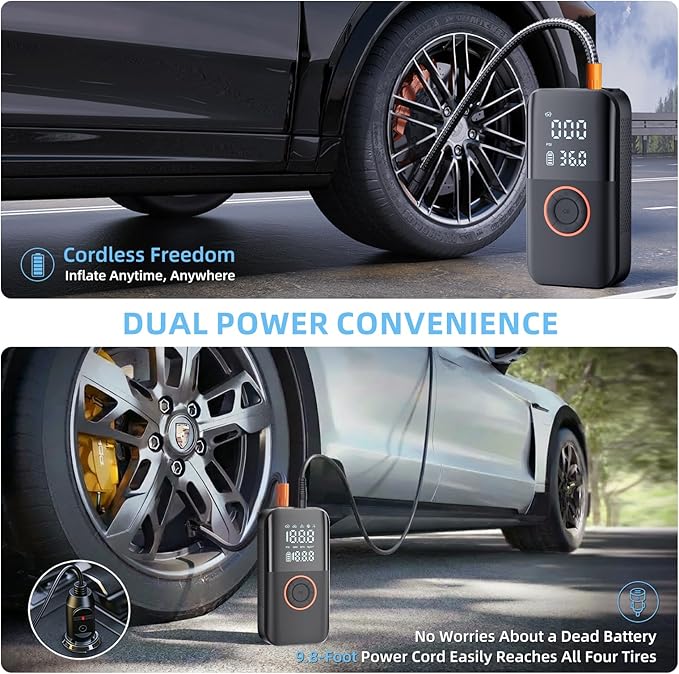 Tire Inflator Portable Air Compressor, 150PSI Cordless Tire Pump, 12V DC & Battery Dual Power, Auto Shut-Off Air Pump for Car, Motorcycle, Bike, Ball - LED Light & Digital Display, Car Gifts for Men
