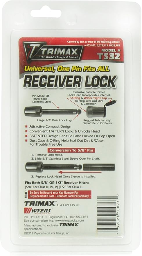 Trimax TS32 Universal Receiver Lock - Fits 1/2" and 5/8" with Stainless Steel Sleeve