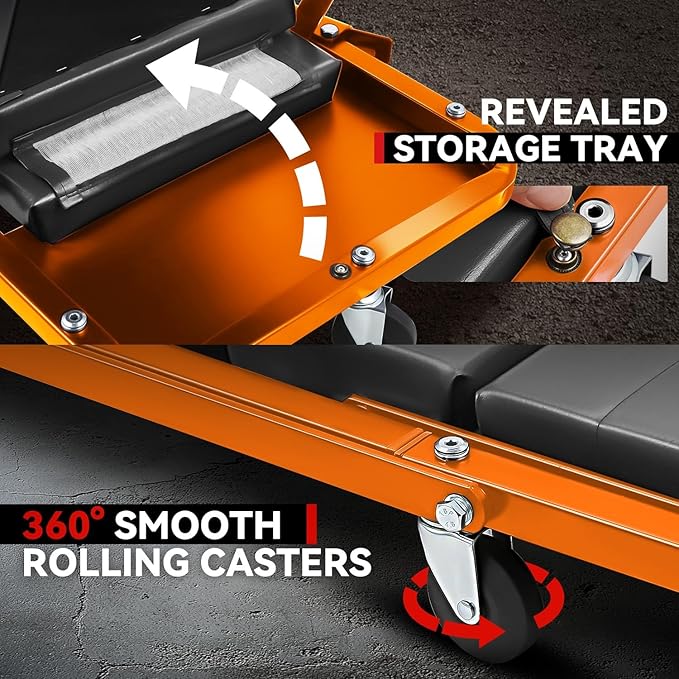 Auto Dynasty 48" Z-Creeper Seat, 2-in-1 Foldable Garage Rolling Creeper Shop Seat, 330 LBS Capacity Automotive Mechanic Under Car Repair Tool, Orange