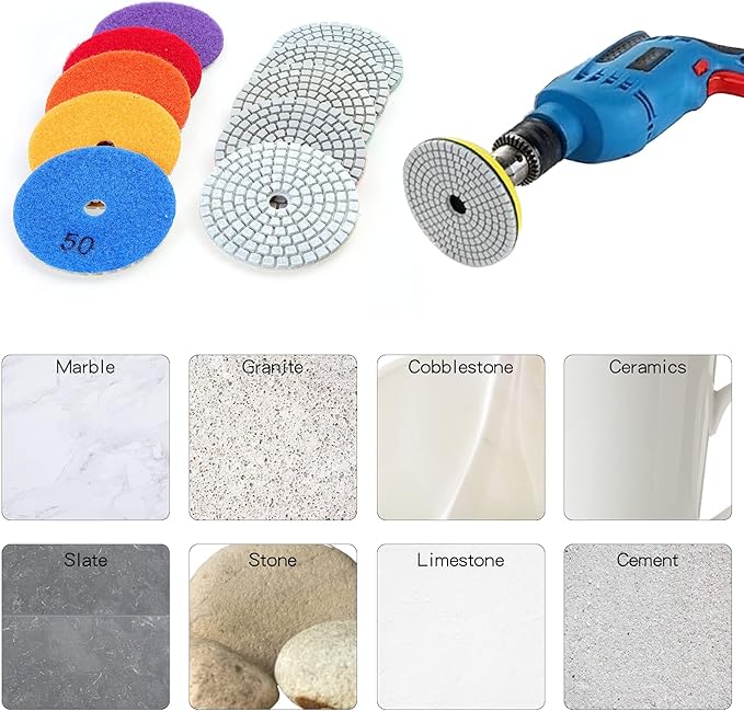 Diamond Polishing Pads 3 inch Wet/Dry Polishing Kit 10pcs 50#-3000# Grit Pads Plus a Backer Pad for Granite Concrete Marble Polishing