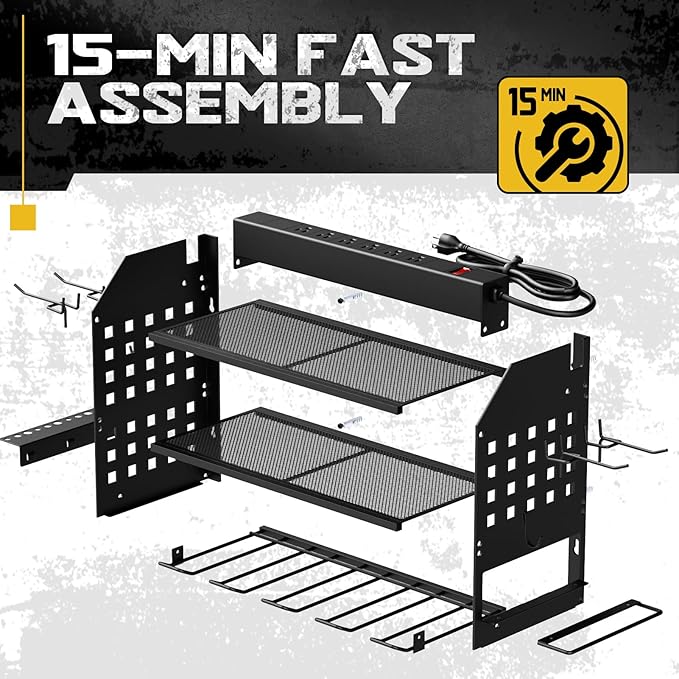SPACECARE Power Tool Organizer with Charging Station 6 Outlets, 3-Layer Heavy Duty Wall Mount Drill Storage Rack, Cordless Tool with Utility Shelf, Garage Organization and Storage for Workshop- Black