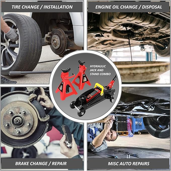 PM PERFORMOTOR Low Profile Hydraulic Trolley Service/Floor Jack Combo with 2 Ratchet Jack Stands, 2 Ton (4000 lbs) Capacity, Red, PM-TOL-FJ3P-RD