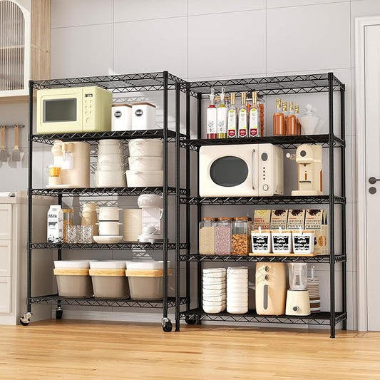 5-Tier Heavy Duty Shelving Unit,30" Wx14 Dx62 H,Metal Shelving with Lockable Wheels,Wire Shelf Rack,Height Adjustable Metal Storage Shelves Organizer for Kitchen,Garage,Office,Laundry,Pantry