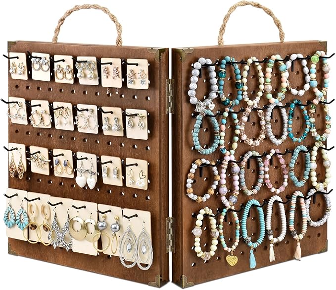 MOOCA Wooden Foldable and Portable 2 Panel Pegboard Jewelry Display Organizer with 48 Removable Black Metal Hooks & Convenient Rope Handle for Easy Carrying, Dual-Sided Panels for Hanging, Brown Color