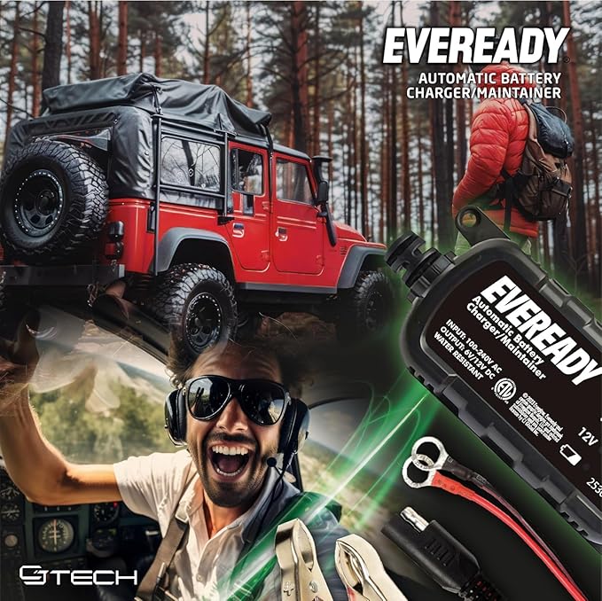 Eveready 1.2A Car Battery Charger – Automatic Float Trickle Charger for Car Battery 12V & 6V Lead Acid, Portable Car Battery Charger and Maintainer with Overcharge & Short-Circuit Protection