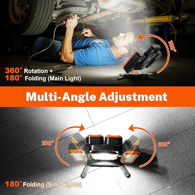Tresda 3-in-1 Modular Rechargeable Work Light, 50W 5000LM Portable LED Work Lights with Detachable Dual Side Lights, 9 Modes, 360° Rotation, Magnetic Base & Hooks for Workshop Jobsite Repair Camping