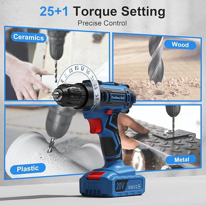 Cordless Drill Set, VIWKO 20V Power Drill with Power Pack 2.0Ah and Charger, 3/8-Inch Keyless Chuck Electricdrill, 25+1 Torque, 42pcs Drilldriver Bits/Screws for DIY Projects (Blue)