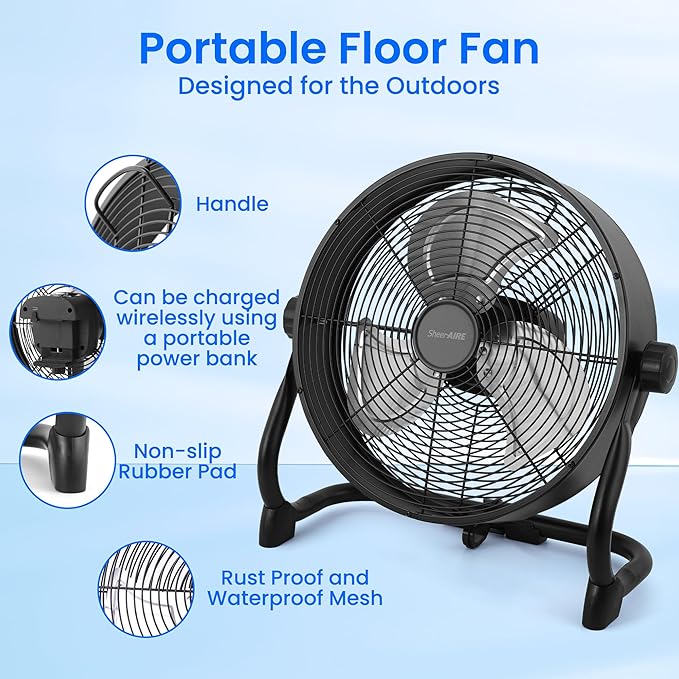 15" High-Velocity Heavy Duty Industrial Floor Fan, 9 Speeds, Metal Construction and Aluminum Blades, NO-Power Bank fan, Portable Fan for Camping (Black)